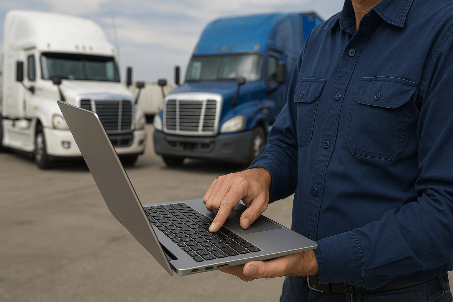 Truck driver using a laptop in front of parked semi-trucks to manage FMCSA Clearinghouse compliance in 2025 | Vehicle Licensing Consultants