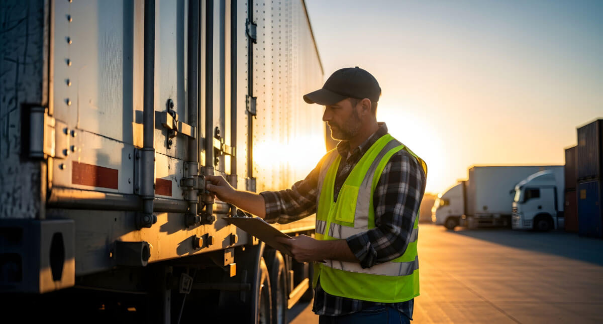 fleet-manager-completing-dot-pre-trip-inspection-dvir Fleet manager completing DOT pre-trip vehicle inspection to reduce FMCSA inspection violations in 2026