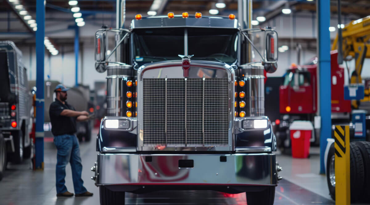 Semi truck in maintenance shop for scheduled fleet vehicle data tracking and DOT compliance inspection