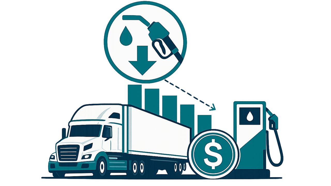 Graphic of a Semi and Fuel Nozzle and Gas pump representing Fuel Cost Savings | Vehicle Licensing Consultants | TripDAWG