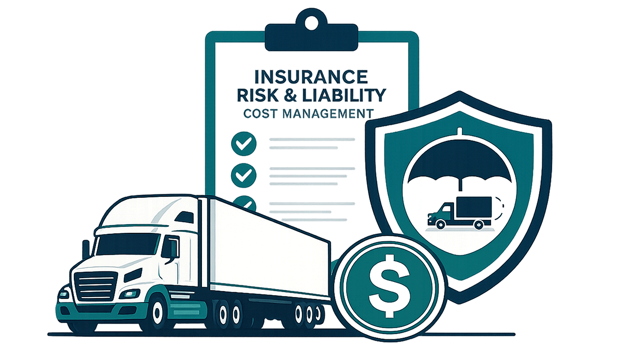 Graphic of a semi truck a clipboard and a shield with an umbrella over a truck graphic representing Insurance Risk and Liability | Vehicle Licensing Consultants | TripDAWG