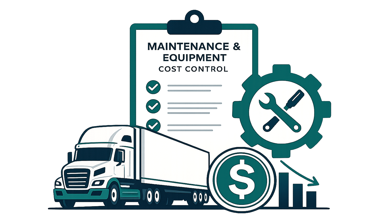 Image of a semi truck a clipboard a gear with tools crossed and a bar graph representing Maintenance & Equipment Cost Control | Vehicle Licensing Consulting | TripDAWG