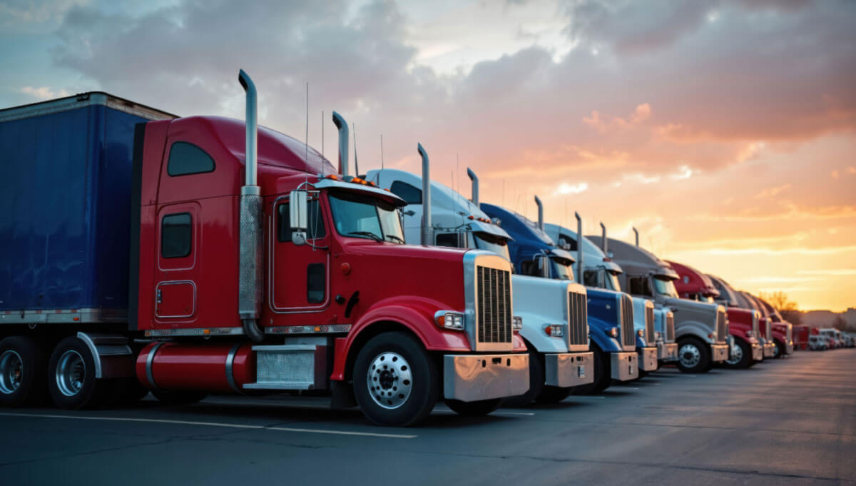 A row of colorful commercial semi-trucks parked at sunset representing a fleet requiring DOT compliance consultant services for registration renewals and regulatory management.