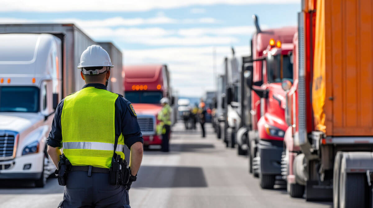 DOT compliance officer in a high-visibility vest and hard hat overseeing a line of commercial semi-trucks during a CVSA Roadcheck roadside inspection event.