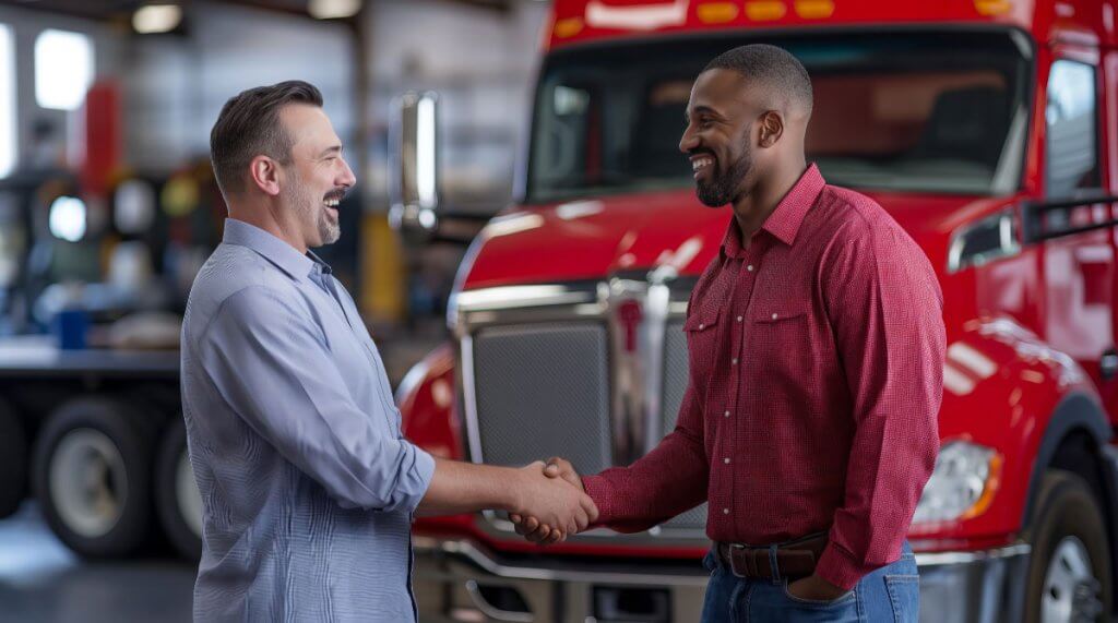 Fleet owner and DOT compliance consultant shaking hands in front of a red semi-truck representing a hybrid approach to fleet compliance management combining software and expert support.