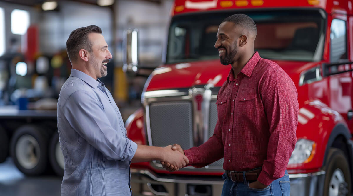 Fleet owner and DOT compliance consultant shaking hands in front of a red semi-truck representing a hybrid approach to fleet compliance management combining software and expert support.